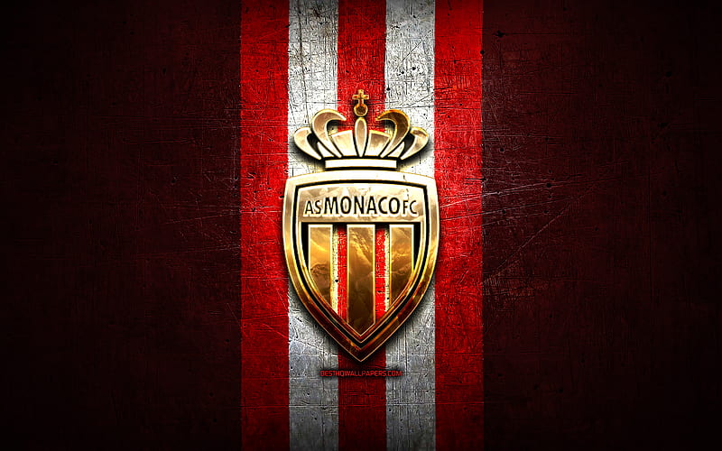 AS Monaco, golden logo, Ligue 1, red metal background, football, Monaco FC, french football club, AS Monaco logo, soccer, France, HD wallpaper