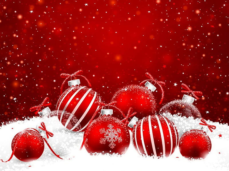 Red Christmas, red, pretty, lovely, decoration, background, bonito, winter, nice, balls, snow, snowflakes, HD wallpaper