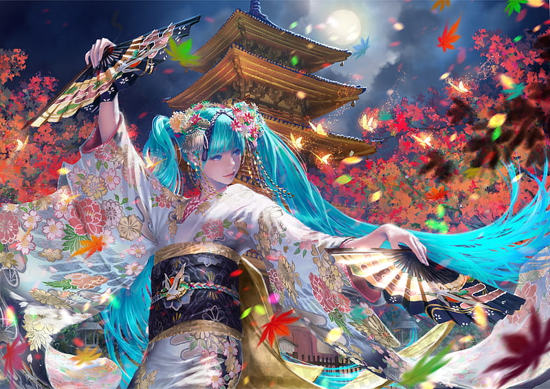 Hatsune Miku, vocaloid, autumn, frumusete, moon, toamna, kimono, leaf, dancer, hair, moon, fantasy, maeko, girl, evantai, blue, luminos, HD wallpaper