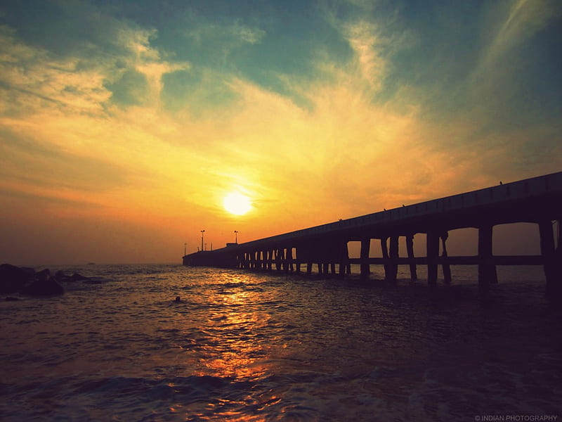 Sunrise, yellow, waves, sky, clouds, sea, Nature, beach, water, India, pathway, bridge, early morning, graphy, arabian sea, blue, HD wallpaper