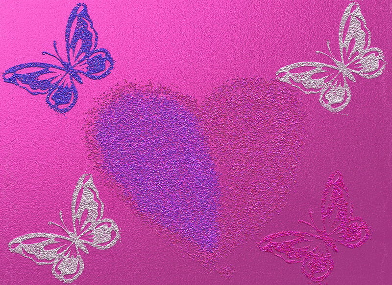 Flutters of Love, metallic, glitter, love, heart, butterflies, HD wallpaper