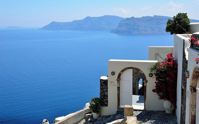 ** Beautiful Santorini - Greece **, azure, greece, islands, greek, warm, exotic, view, ocean, meditarranean, bonito, vista, sea, paradise, santorini, island, blue, HD wallpaper