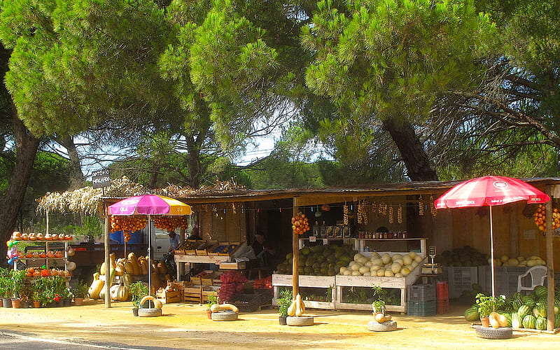 Roadside Fruitstand, fruit stand, retail store, fruitstand, Portugal, market, fruit market, HD wallpaper