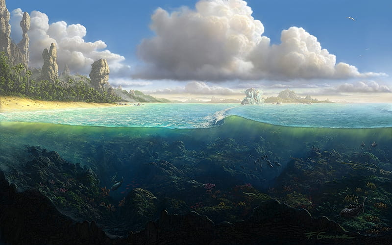 Island, summer, blue, sea, world, fel x, cloud, luminos, water, fantasy, white, HD wallpaper