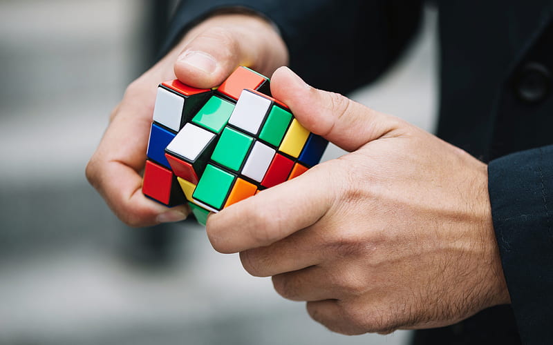 Rubiks Cube in hands, businessman, business people, businessmen, Rubiks Cube, combination puzzle, combinations of concepts, solution search, HD wallpaper