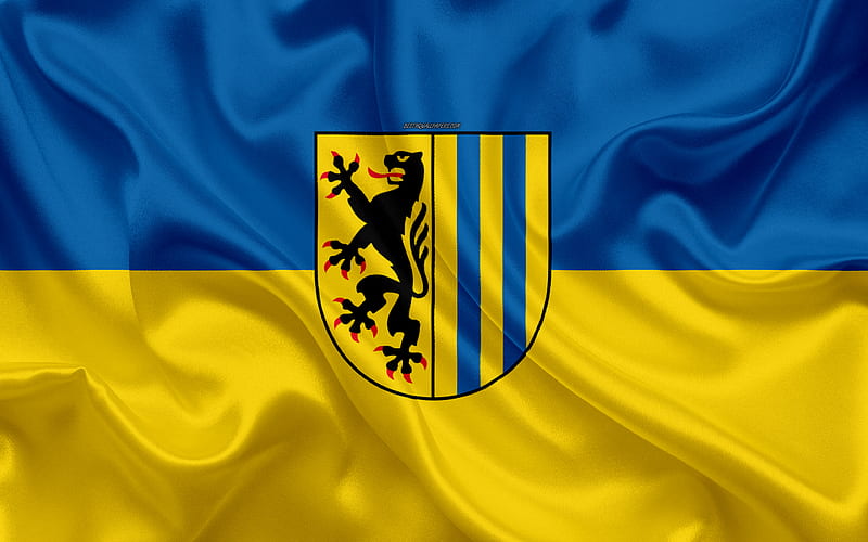 Flag of Leipzig silk texture, blue yellow silk flag, coat of arms, German city, Leipzig, Saxony, Germany, symbols, HD wallpaper