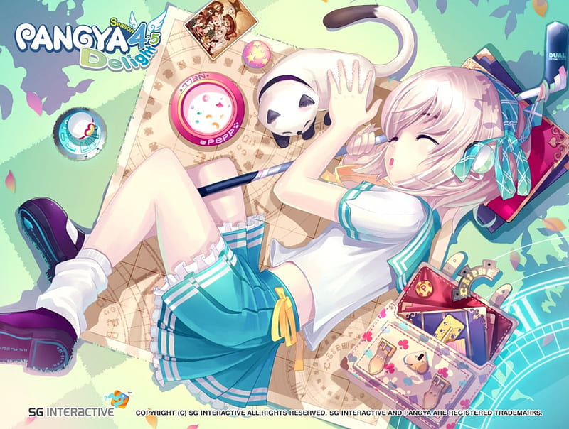 PangYa Season 4 - Nell Sleeping withe Pepper, laying down, white hair, headphones, golf ball, socks, Nell, PangYa, eyes closed, mary janes, open mouth, cat, golf club, sleeping, Pepper PangYa, short hair, golf, Nell cute anime guy cat sleeping seifuku short hair socks headphones golf golf club golf ball mary janes eyes closed open mouth white hair laying down Pepper PangYa, cute anime guy, seifuku, HD wallpaper