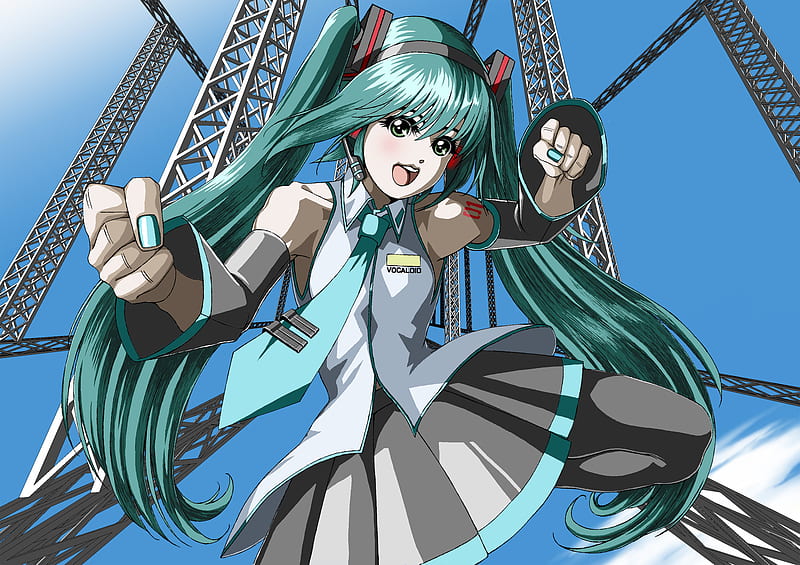 Hatsune Miku, pretty, stunning, cg, thigh highs, clouds, nice, diva girl, anime, tower, aqua, beauty, anime girl, vocaloids, art, beauitful, twintail, skirt, black, miku, chains, sky, singer, sexy, cute, headset, hatsune, cool, digital, awesome, white, idol, artistic, gray, headphones, tie, thighhighs, program, twin tail, hot, stage, blue, vocaloid, outfit, amazing, music, microphone, leggings, song, stockings, uniform, virtual, HD wallpaper