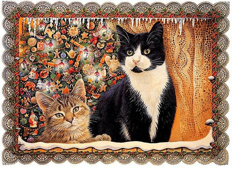 Lesley Ann Ivory. Podelochnye cats, art, lesley ann ivory, christmas, holiday, new year, cat, animal, painting, kitten, HD wallpaper