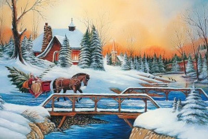 Holiday outing, sleigh, forest, art, outing, house, christmas, holiday, bonito, trees, horse, winter, countryside, bridge, village, walk, river, HD wallpaper