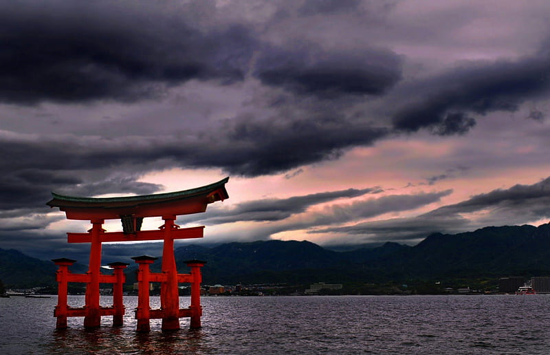 Time in Miyajima, gate, japan, torii, japanese, ocean, hiroshima, sky, scenery, HD wallpaper