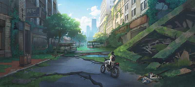 apocalyptic anime world, ruins, moss, buildings, destruction, anime girl, Anime, HD wallpaper
