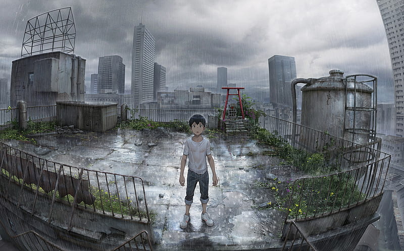 anime boy, post-apocalyptic, raining, rooftop, scenery, Anime, HD wallpaper