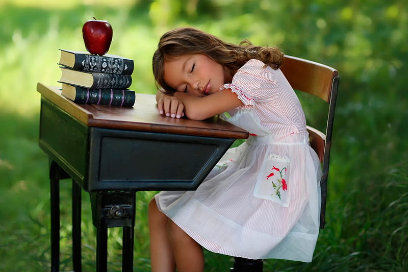 Back to school, apple, books, sleeping, girl, HD wallpaper