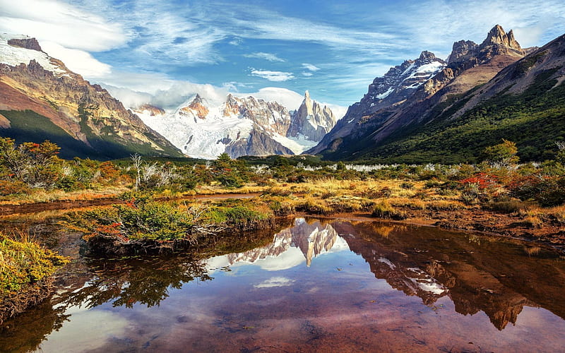 horn lake, sky, snow, south america, mountains, argentina, rocks, patagonia, HD wallpaper