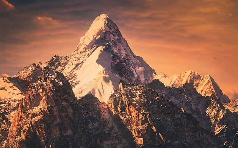 Himalayas, Mount Everest, Chomolungma, evening, sunset, mountain landscape, rocks, Zhumulangma, HD wallpaper