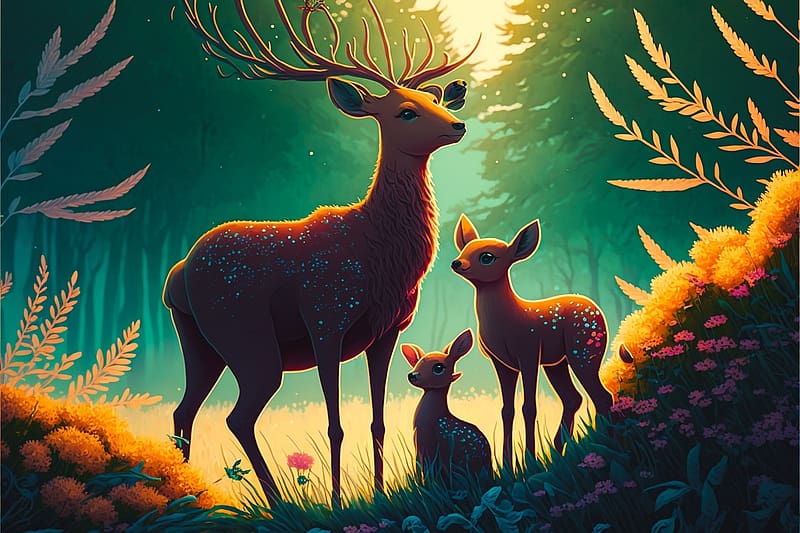 Deer family in the forest, szarvas, csalad, szines, erdoben, termeszet, HD wallpaper