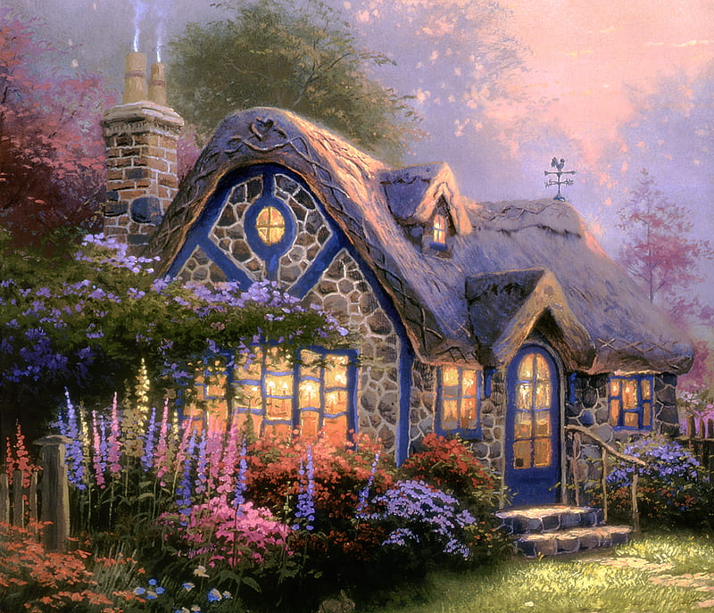 Cottage, pretty, art, pink flowers, house, grass, colors, purple flowers, bonito, trees, fantasy, painting, flowers, nature, pink, HD wallpaper