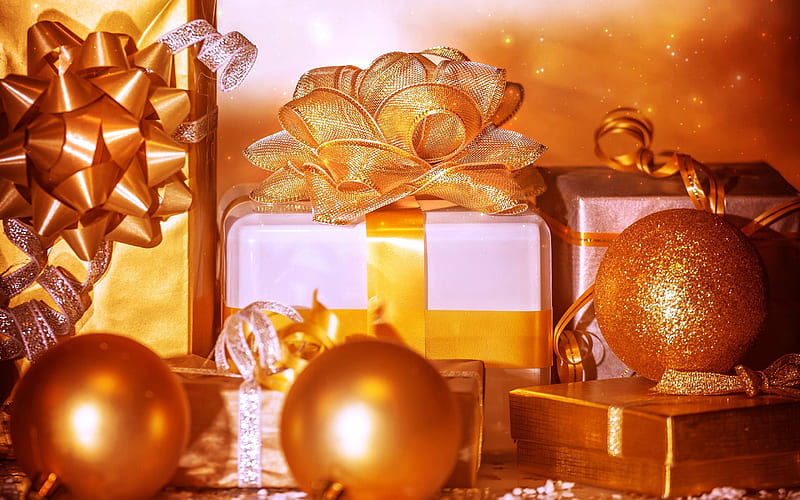 New Year, golden Christmas balls, Christmas, New Year's gifts, gift boxes, HD wallpaper