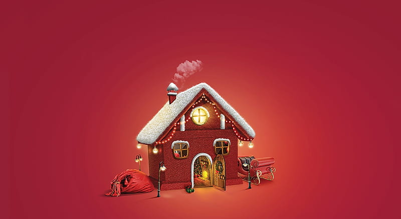 Merry Christmas!, red, house, craciun, christmas, white, creative, fantays, card, HD wallpaper
