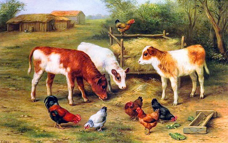 Cows and Chickens, farm, painting, pasture, Cows, chickens, outdoors, barn, Nature, HD wallpaper