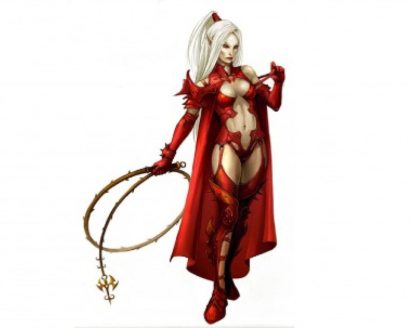Witch Elf, whip, fantasy, female, red outfit, HD wallpaper