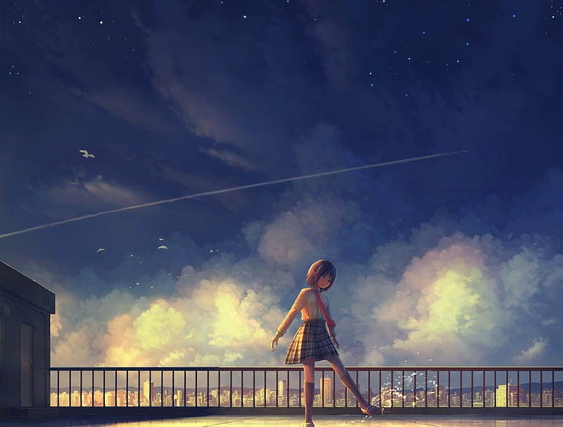 Little Steps, bonito, Adorable, Nature, White Shirt, White Birds, Building, Blue Eyes, Amazing, Short Hair, Brown Hair, Water, Seifuku, Clouds, Puddles, Stars, Pleated Skirt, Anime, Sunset, Sweet, Rails, Tiles, Girl, Red Tie, Lovely, Scenic, Wonderful, Uniform, Cute, White Shoes, School, Black Socks, Roof, Evening Sky, Door, HD wallpaper