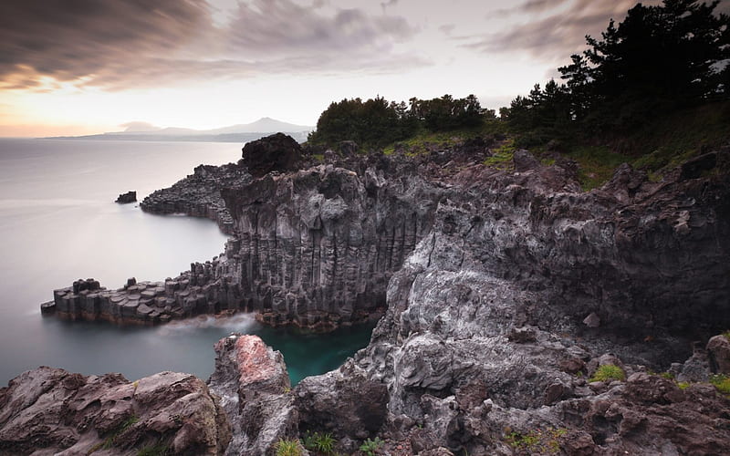 amazing rock formation on rugged coast, rocks, formation, trees, clouds, coast, sea, HD wallpaper