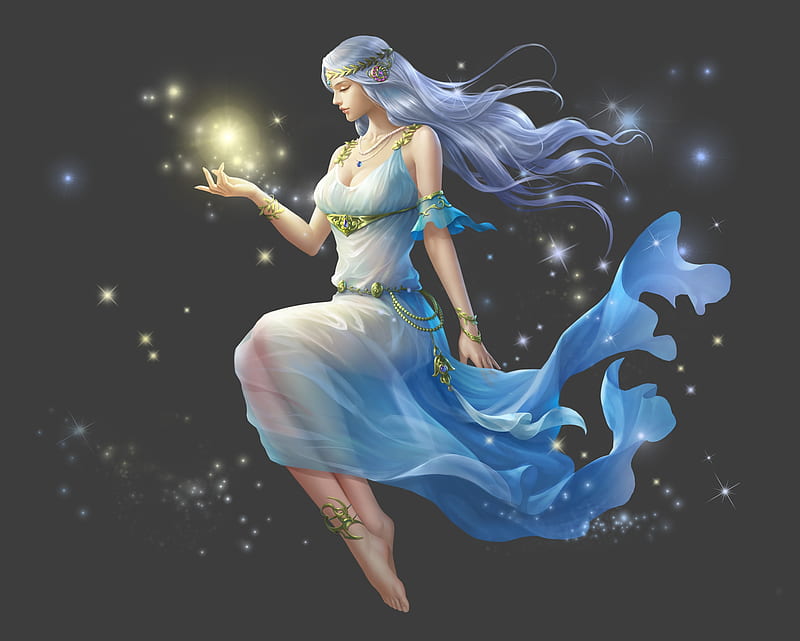 Fantasy girl, fantasy, dress, luminos, girl, magic, blue, HD wallpaper