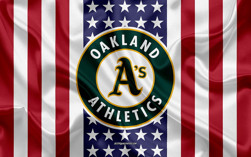 Oakland Athletics logo, emblem, silk texture, American flag, American baseball club, MLB, Oakland, California, USA, Major League Baseball, baseball, silk flag, HD wallpaper