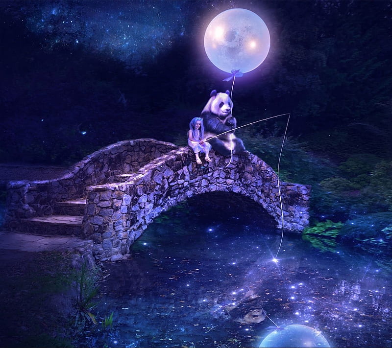 Panda Night, bridge, moon, night, panda, river, water, HD wallpaper