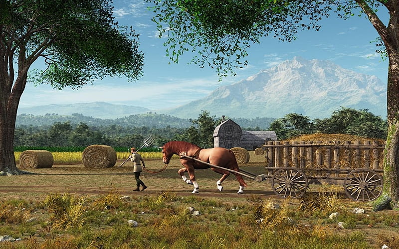 Harvest Time, man, hay, horse, wagon, HD wallpaper