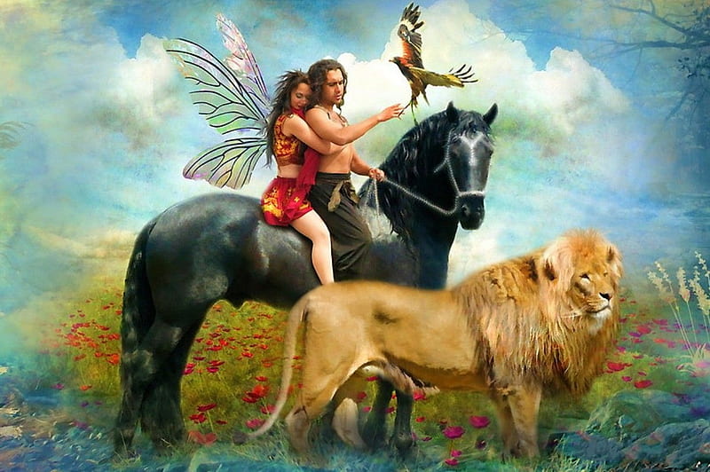 THE JOURNEY, male, female, wings, bird, journey, horse, lion, fairy, HD wallpaper