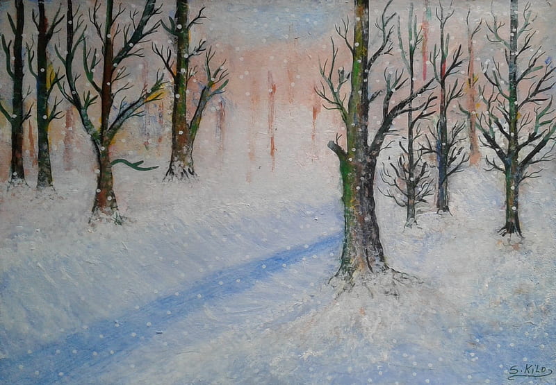acrylic painting by saad kilo, forest, nature, trees, snow, HD wallpaper