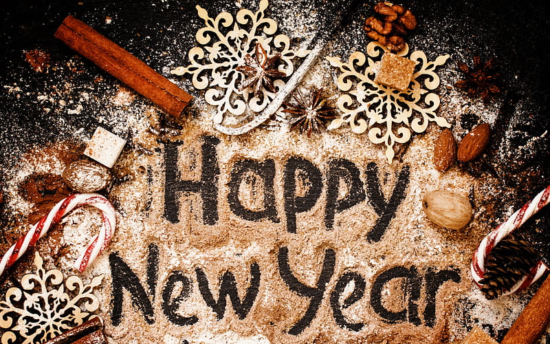 Happy New Year, flour, 2018, wooden snowflakes, nuts, cinnamon sticks, HD wallpaper