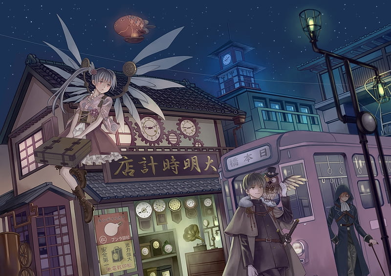 anime steampunk city, train, vendor, night, flying girl, wings, hoodie, Anime, HD wallpaper