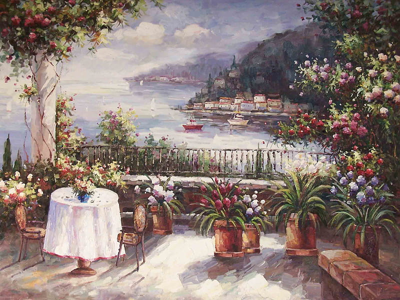 Evening Splendor, table, romantic, view, breeze, bench, dusk, planters, pots, boats, summer, chairs, flowers, gardens, HD wallpaper