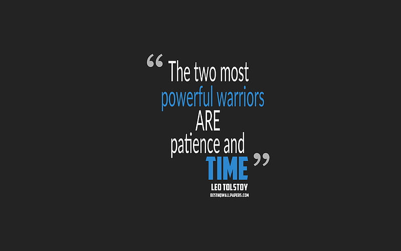 The two most powerful warriors are patience and time, Leo Tolstoy quotes quotes about time, motivation, gray background, popular quotes, HD wallpaper