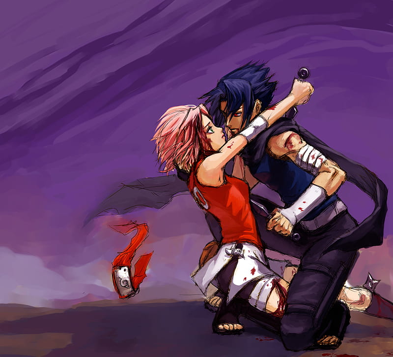 Sakura & Sasuke, naruto, sasuke, sakura haruno, duo, spiky hair, anime, kunai, shinobi, uchiha sasuke, sakura, purple background, weapons, short hair, sasuke uchiha, blue hair, headband, haruna sakura, pink hair, bandages, HD wallpaper