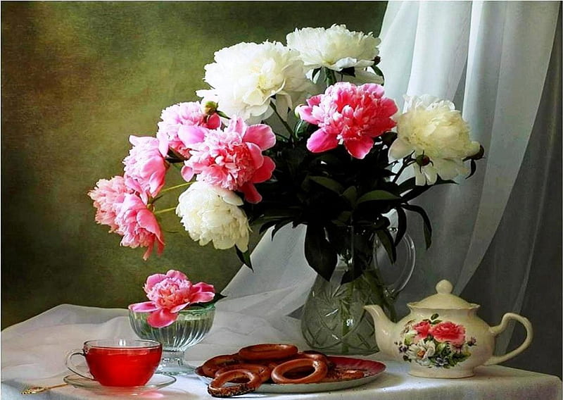 Still life, vase, pretzels, tea, peonies, teapot, cup, flowers, nature, HD wallpaper