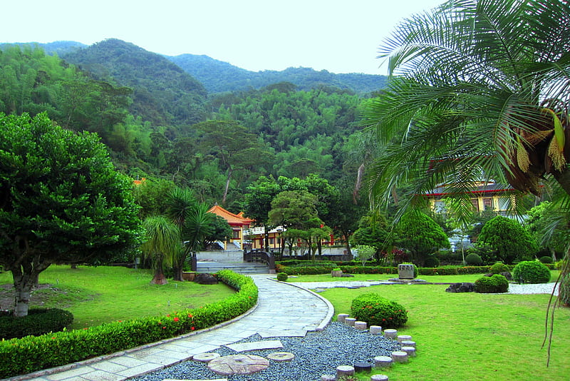 Garden, mountain, temple, grasses, HD wallpaper