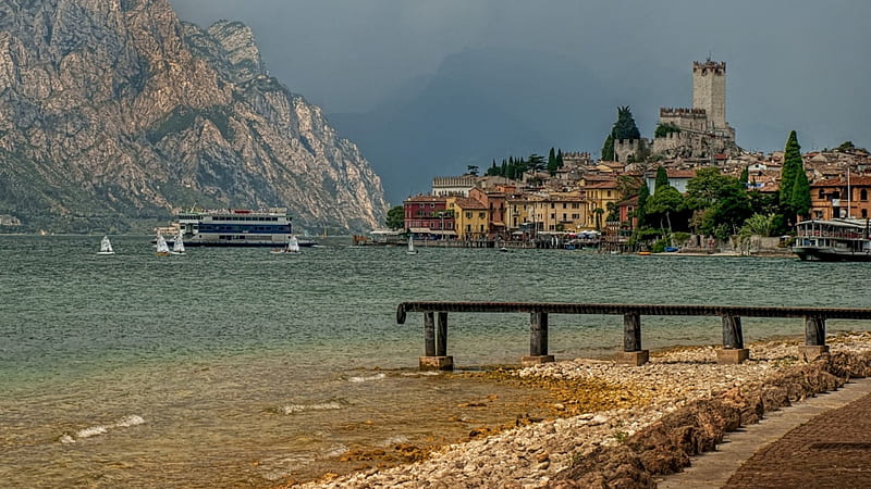town of malcesine on lake garda italy, mountain, shore, ferry, town, lake, HD wallpaper