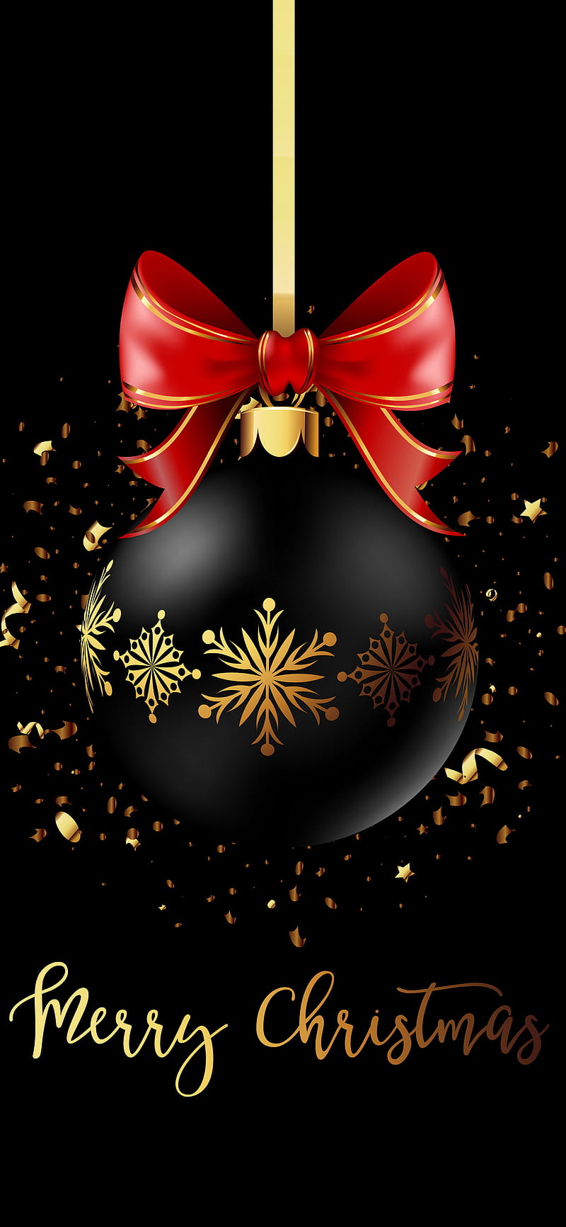 Merry Christmas, happy, gold, greetings, holiday, stars, black, ball, joy, HD phone wallpaper