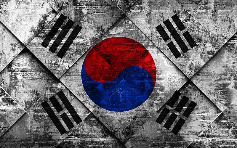 Flag of South Korea grunge art, rhombus grunge texture, South Korea flag, Asia, national symbols, South Korea, creative art, HD wallpaper