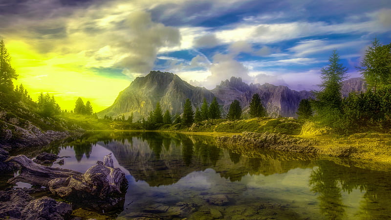 Green Flash Passing Through Lake Dolomites Trees Alps Nature, HD wallpaper