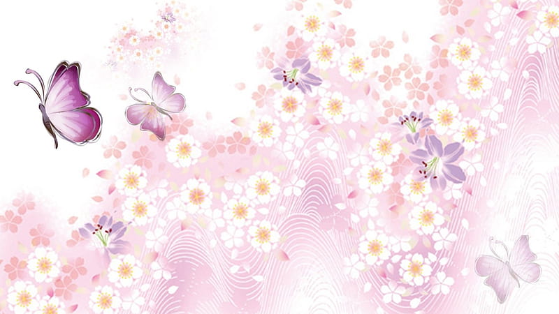 Pink and Purple Prophesy, butterflies, scatter, spring, lavender, abstract, floral, summer, flowers, pink, HD wallpaper