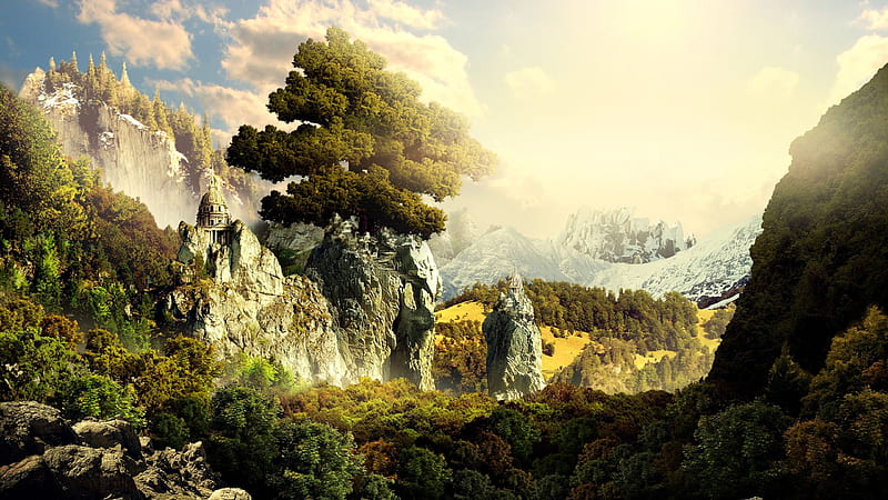 Fantasy Forest, forest, tree, fantasy, green, lush, bonito, landscape, HD wallpaper
