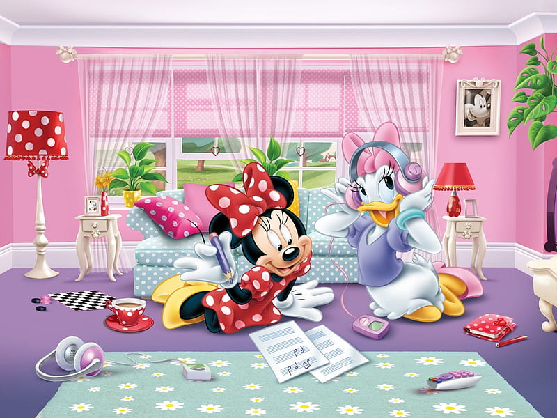 Minnie Mouse and Daisy Duck, minnie mouse, daisy duck, cute, fantasy, girl, child, room, pink, disney, HD wallpaper