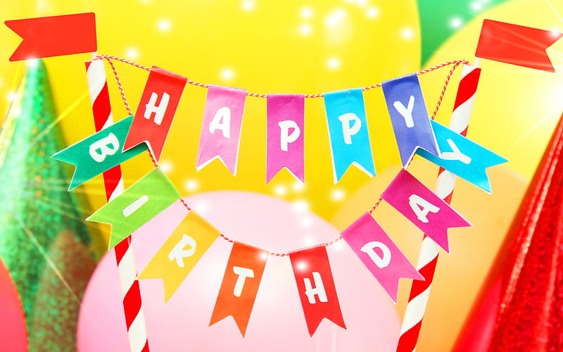 Happy Birtay, bright multi-colored ribbons, greeting card, birtay concepts, birtay cake, HD wallpaper
