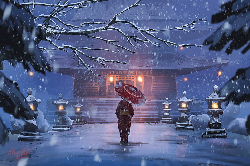 After dark, kimono, winter, iarna, frumusete, luminos, surendra rajawat, girl, snow, asian, parasol, blue, night, HD wallpaper